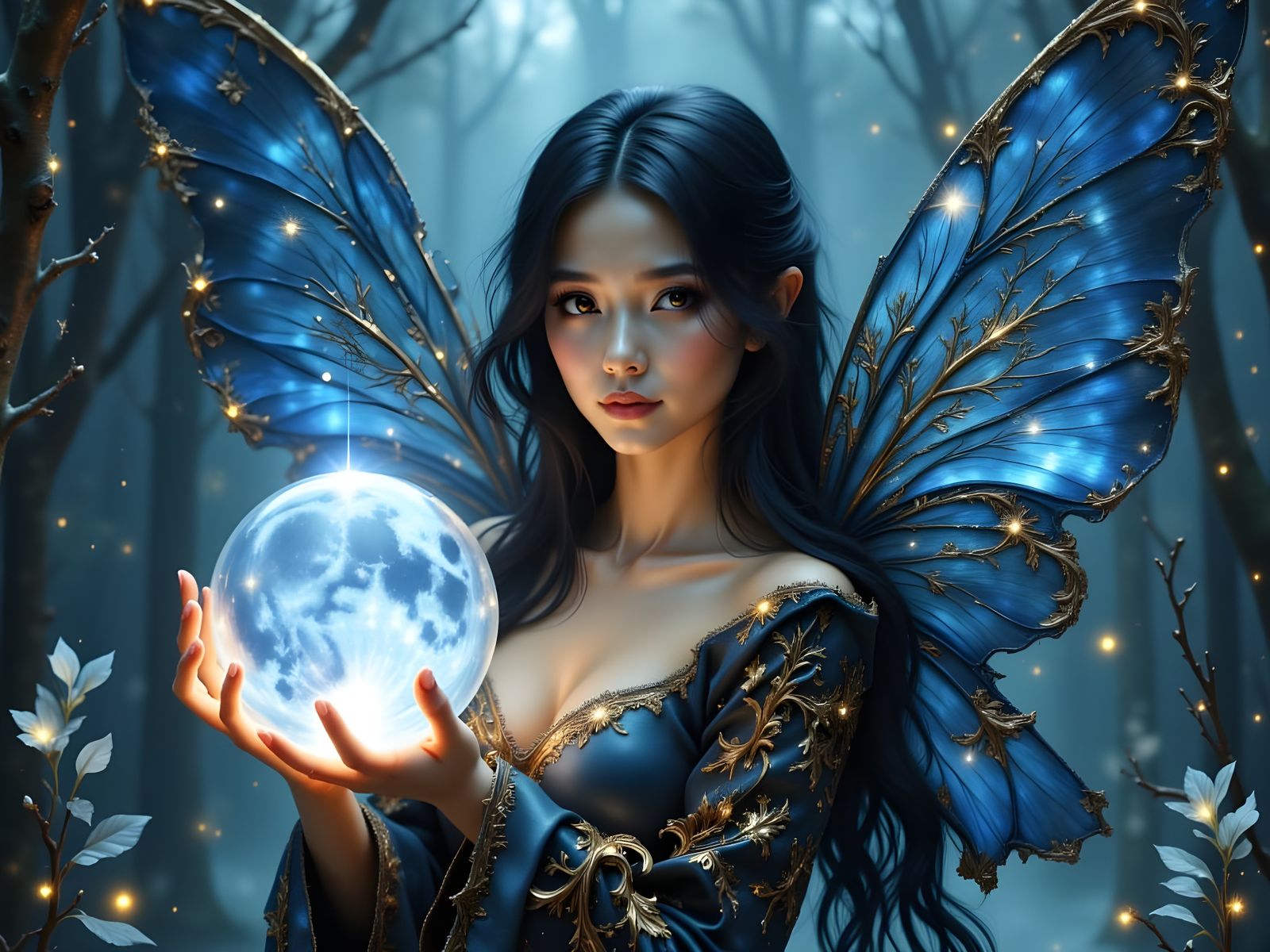 Gorgeous Faerie Holds Glowing Orb in Moonlight Fantasy