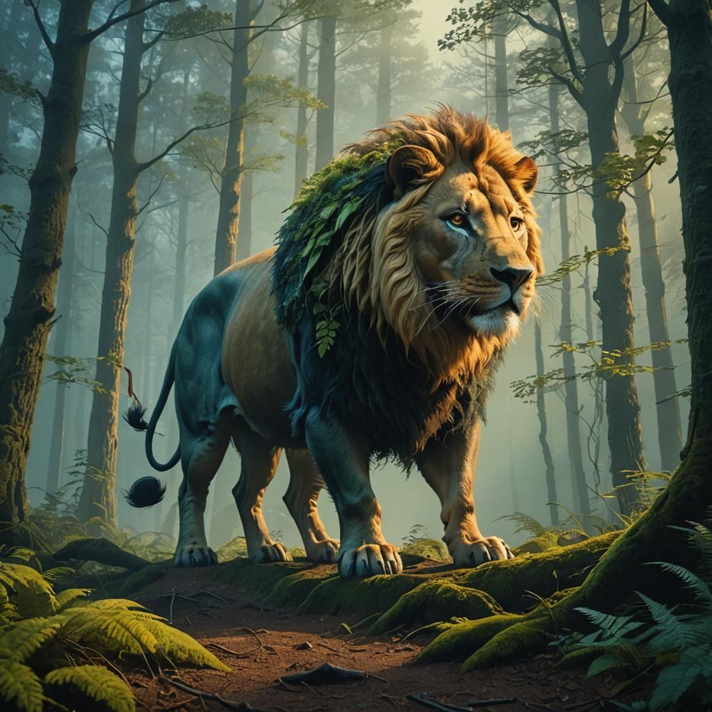 Lion-Pig Hybrid in Misty Forest Concept Art