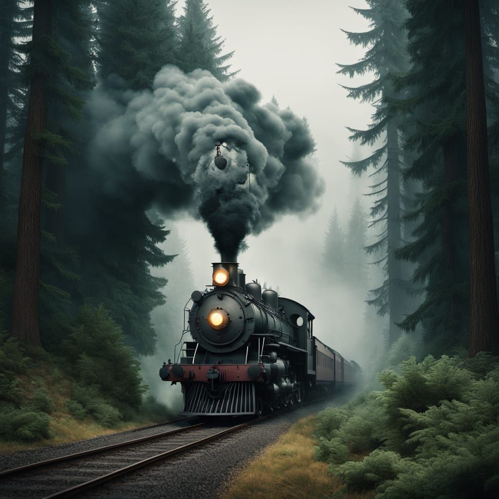 Vintage Steam Train in Misty Pacific Northwest Forest