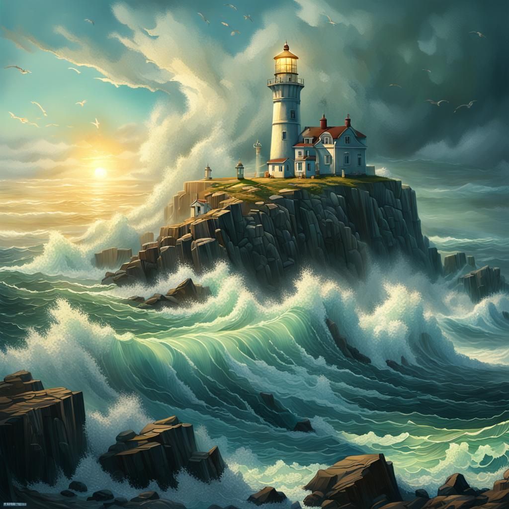 Lighthouse in Stormy Seas: Fantasy Concept Art