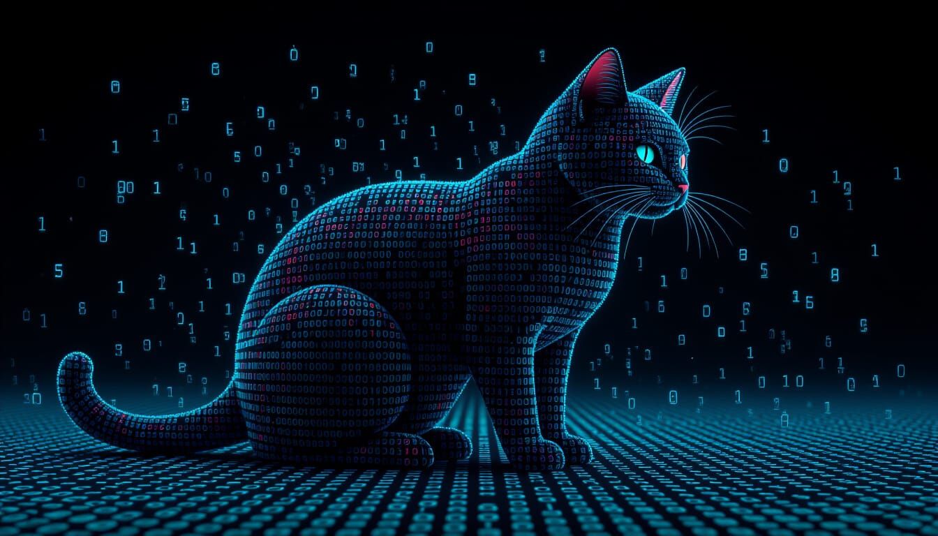 3D Matrix Black Cat in Glitch Art Style