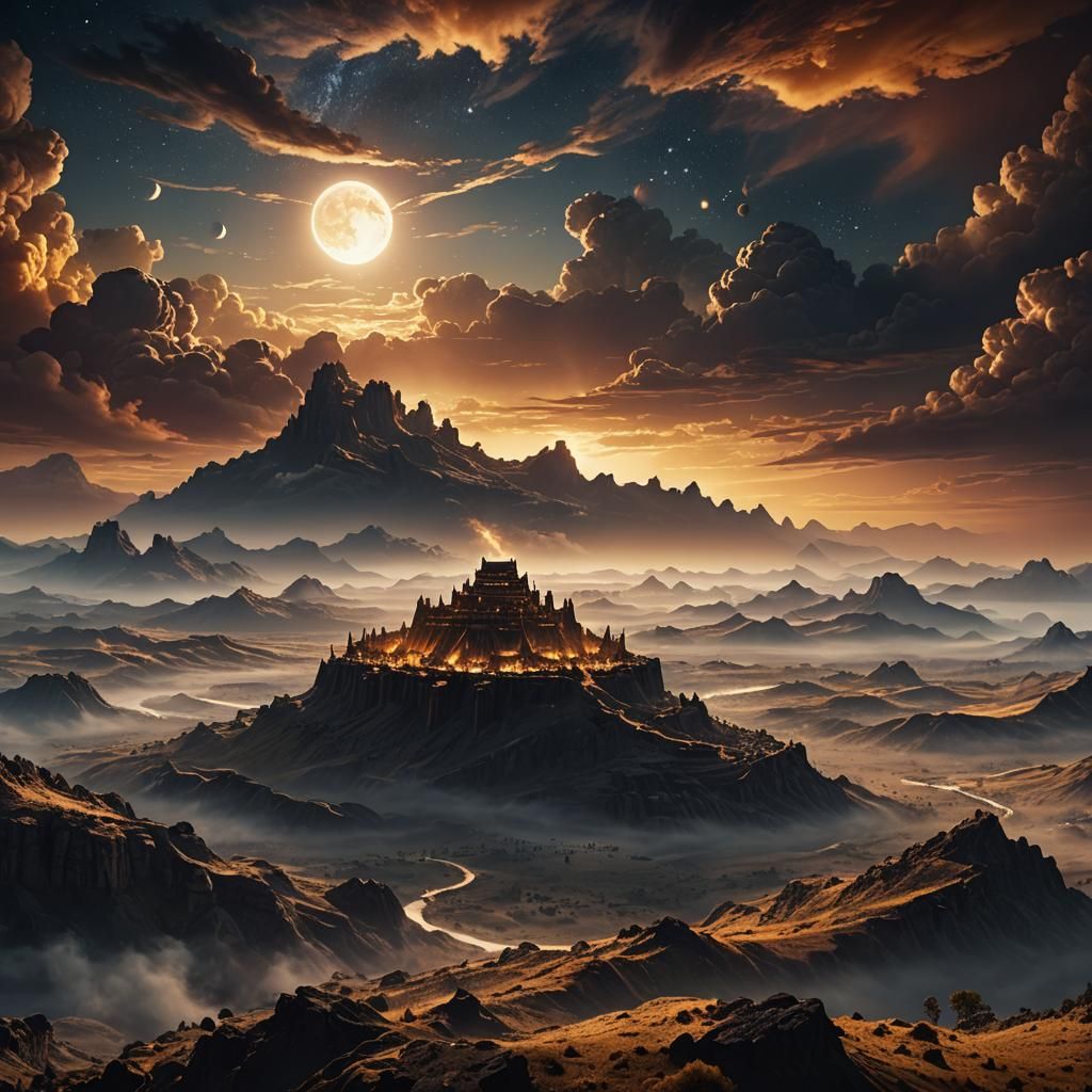 Mystical Sunrise Breaks Through Dark Ancient Landscape