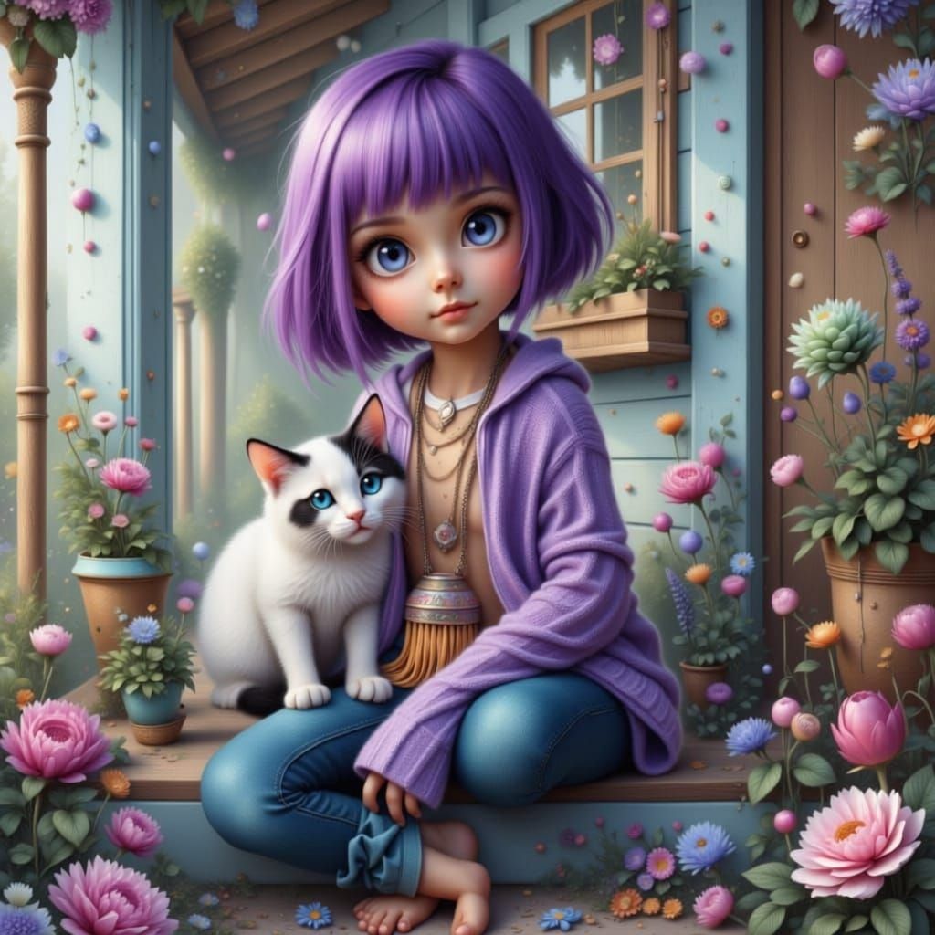 Whimsical 3D Image of Girl with Kitten