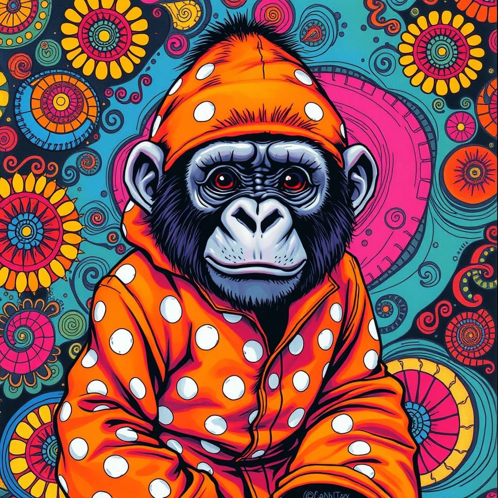 Polka Dot Gorilla in Kusama-Inspired Ink Painting