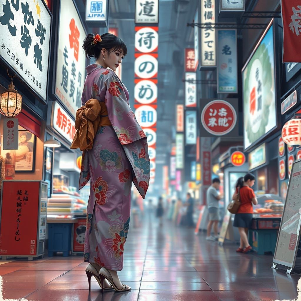 Woman in Kimono in Cyberpunk Japanese Market