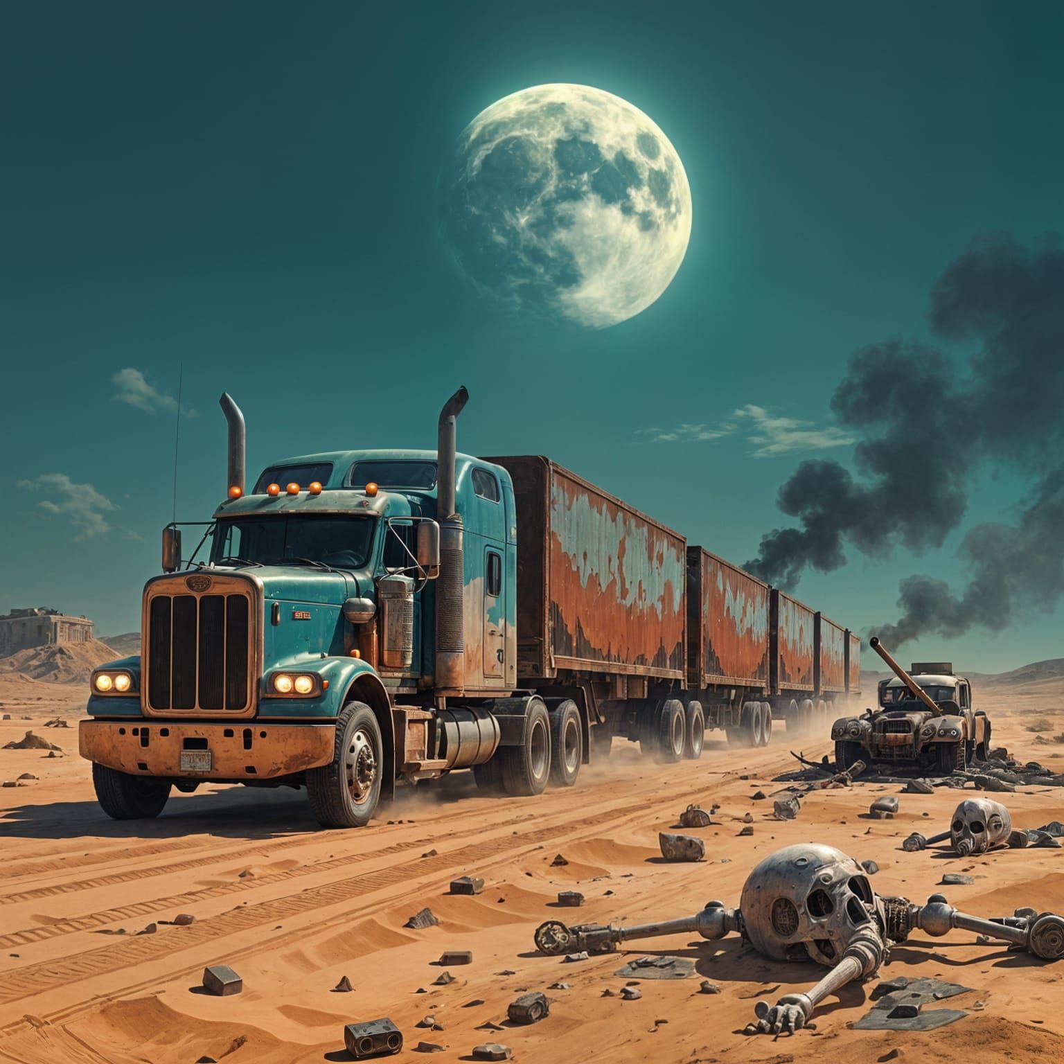 Ghostly Peterbilt Road Train in Dystopian Sahara Desert