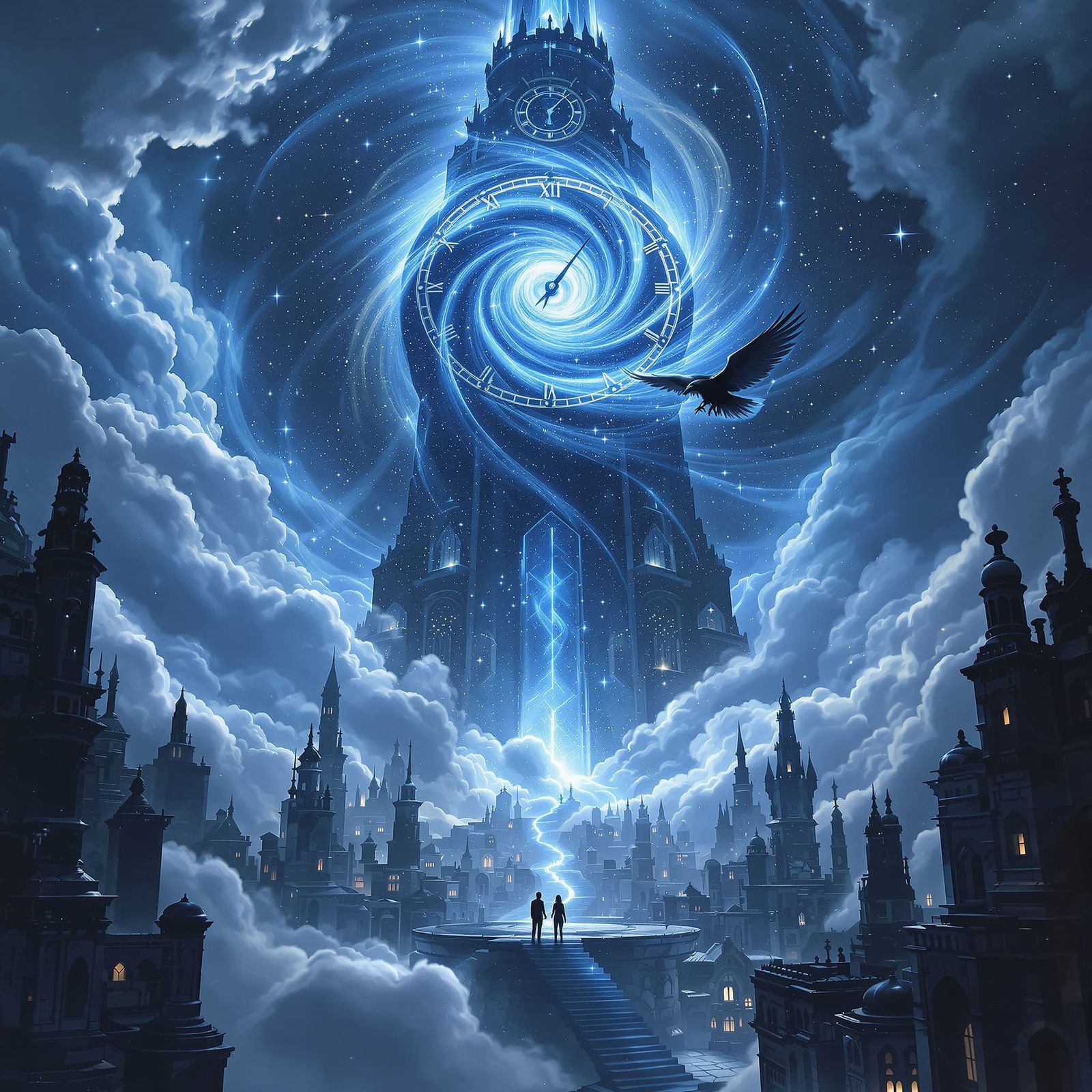 A colossal, crystalline clock tower emerges from a sea of cl...