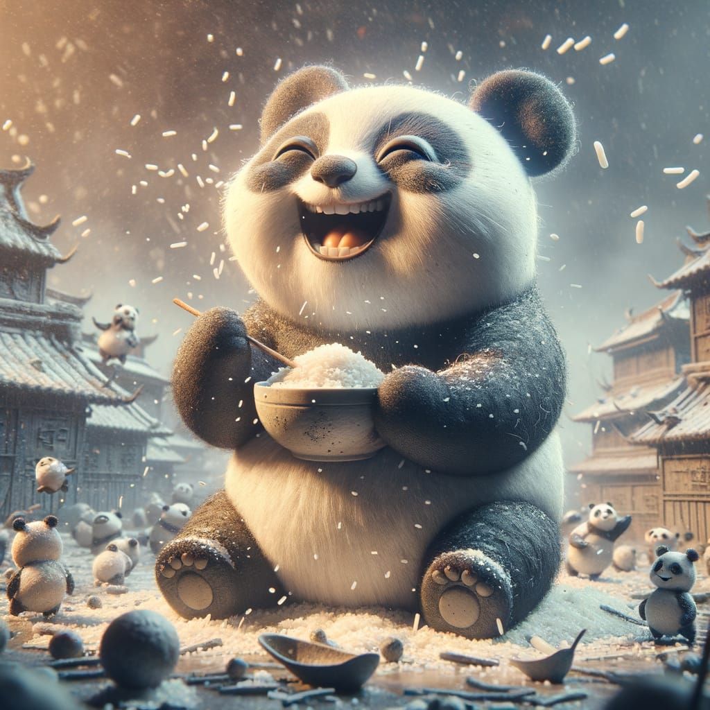 Giant panda eating a bowl of rice, surrounded by many mini-p...