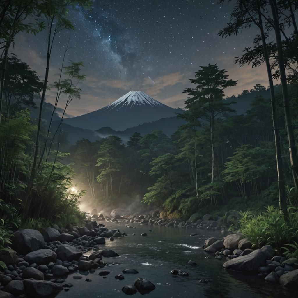 Nighttime Mt. Fuji Landscape in Hyperrealism