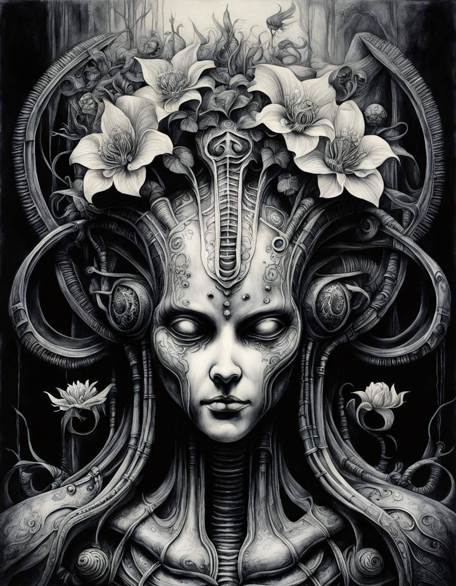 Forgotten Deity of Ink Wash Flowers in Giger Style