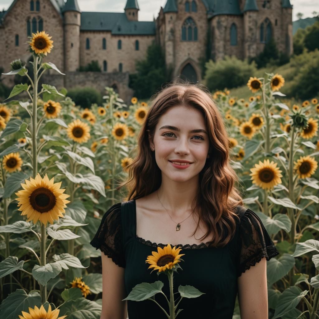 White Woman with Sunflower in Hair, Gothic Scene