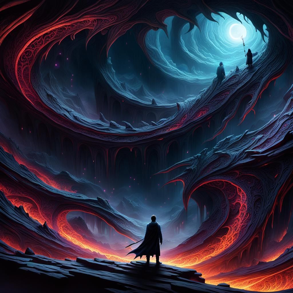 Figure Gazing into Dark Chasm: Fantasy Concept Art