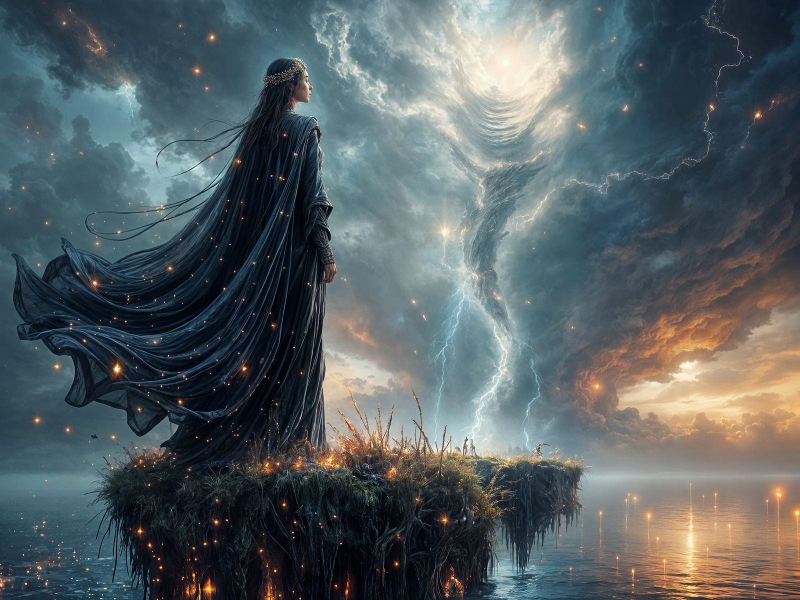 Fantastical Sorceress on a Floating Island in the Sky