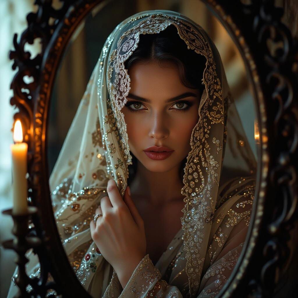 Mysterious Woman Before Antique Mirror in Cinematic Style