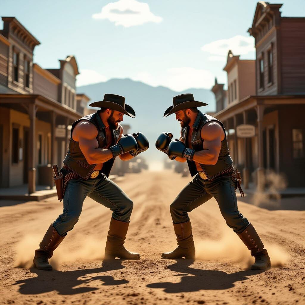 Muscular Cowboys Boxing in Old West Town at Golden Hour