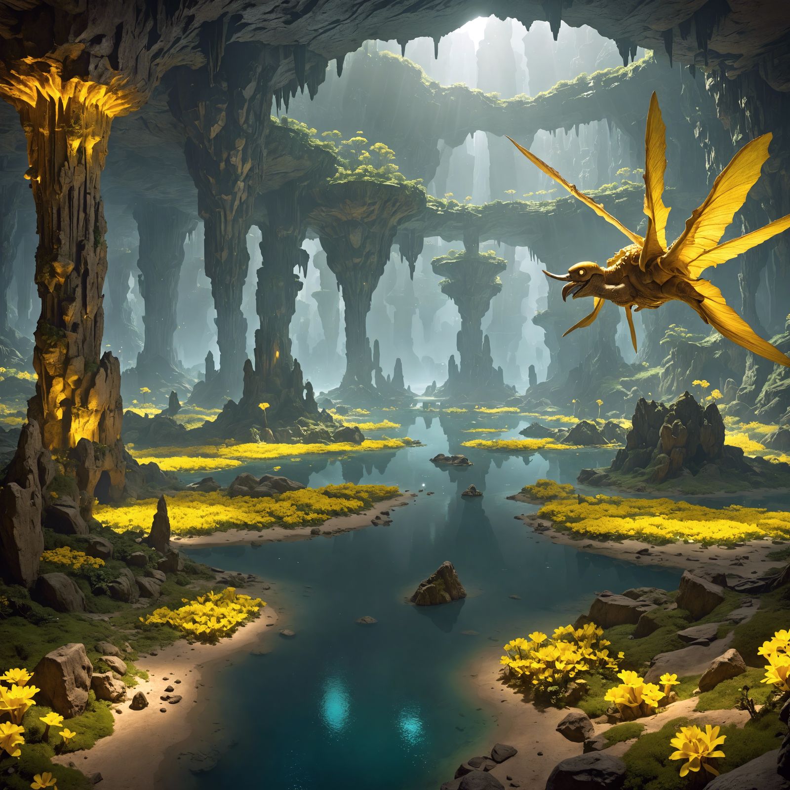 Spectacular Crystal Cavern Landscape with Luminescent Flora