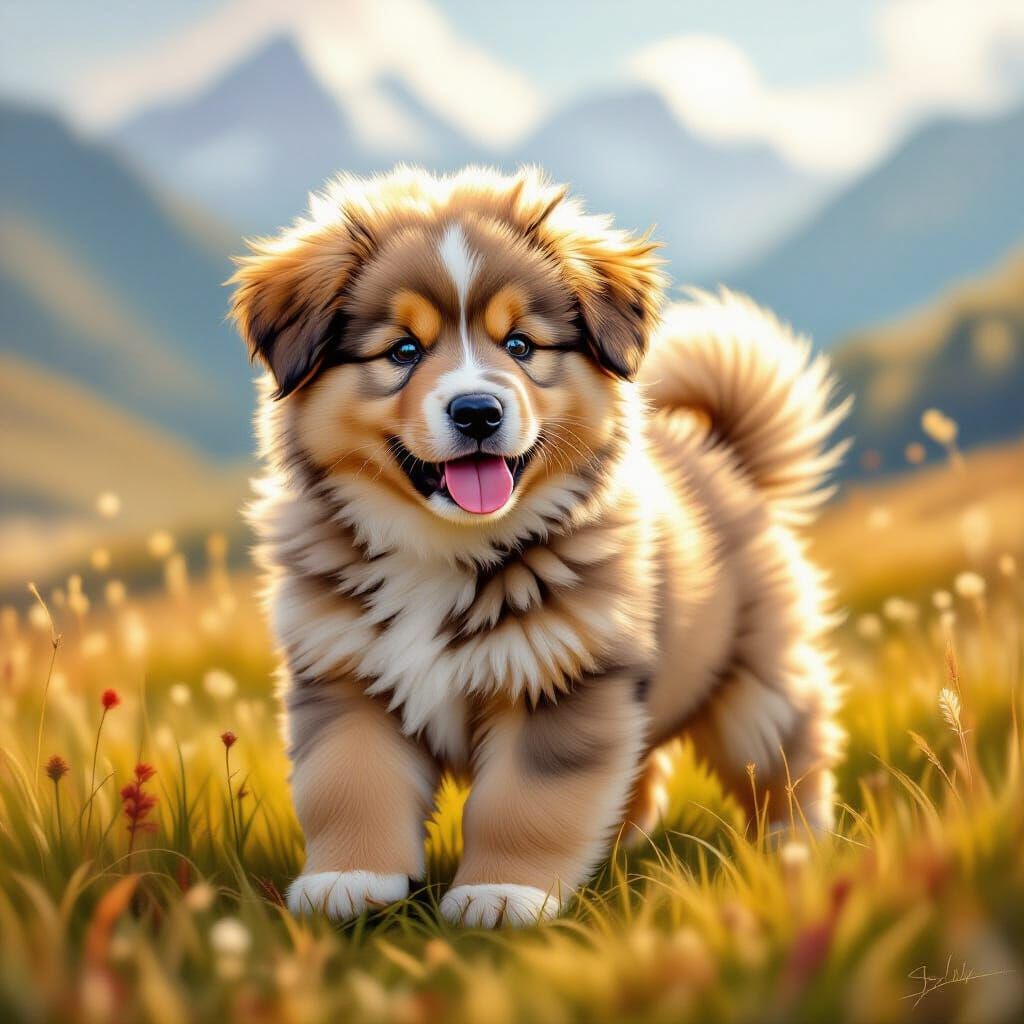 Tibetan Mastiff Puppy in Himalayan Meadow, Digital Art