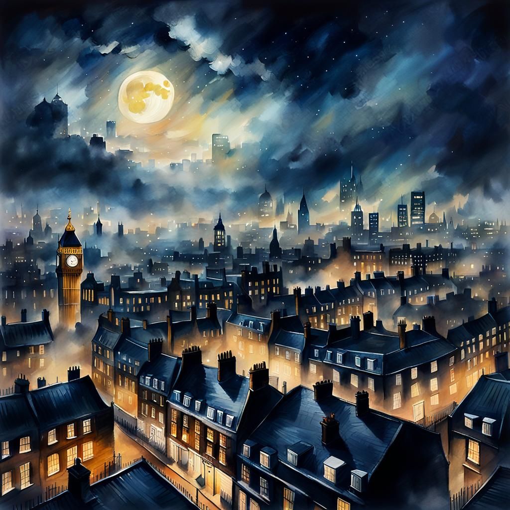 London Skyline at Night in Watercolor Style