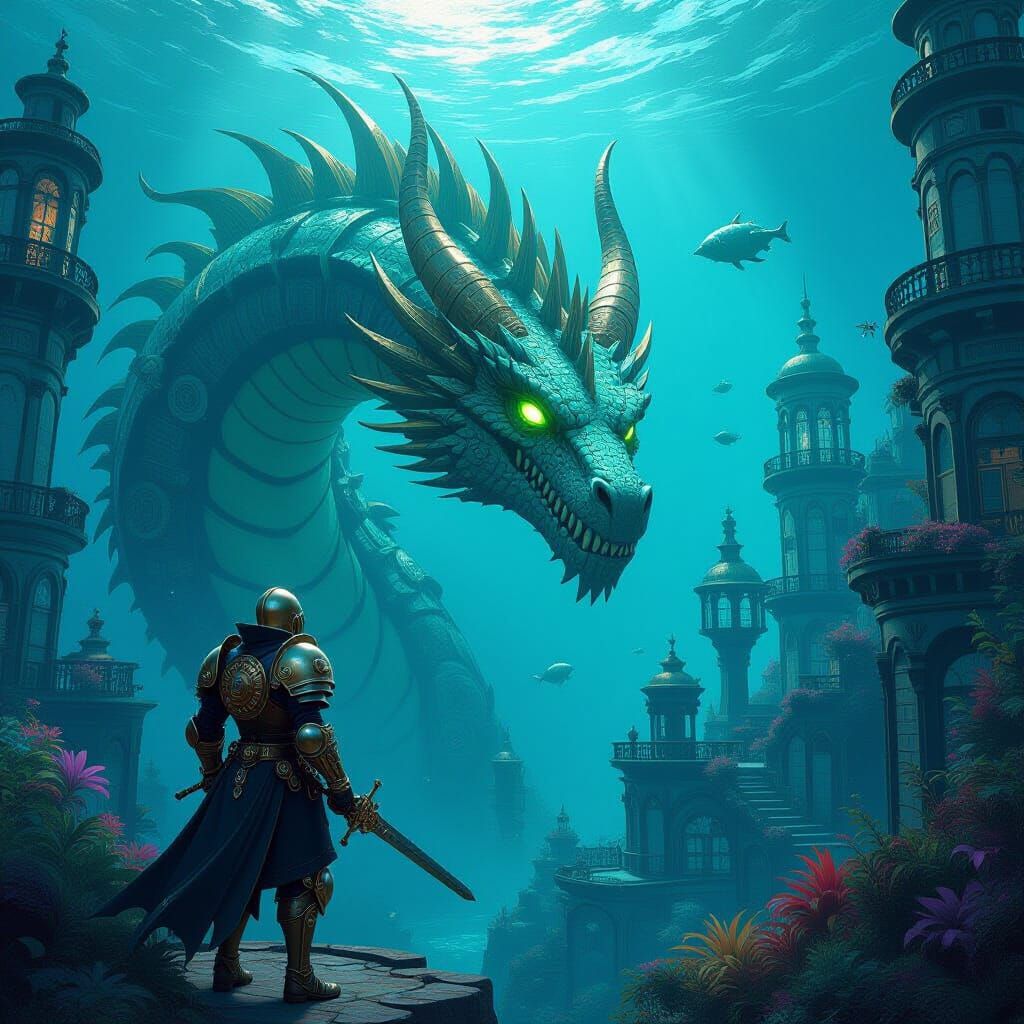 Steampunk Knight Confronts Bioluminescent Dragon