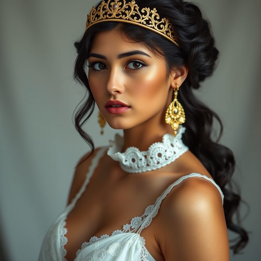 Elegant Woman in Golden Tiara and Noir Nightgown