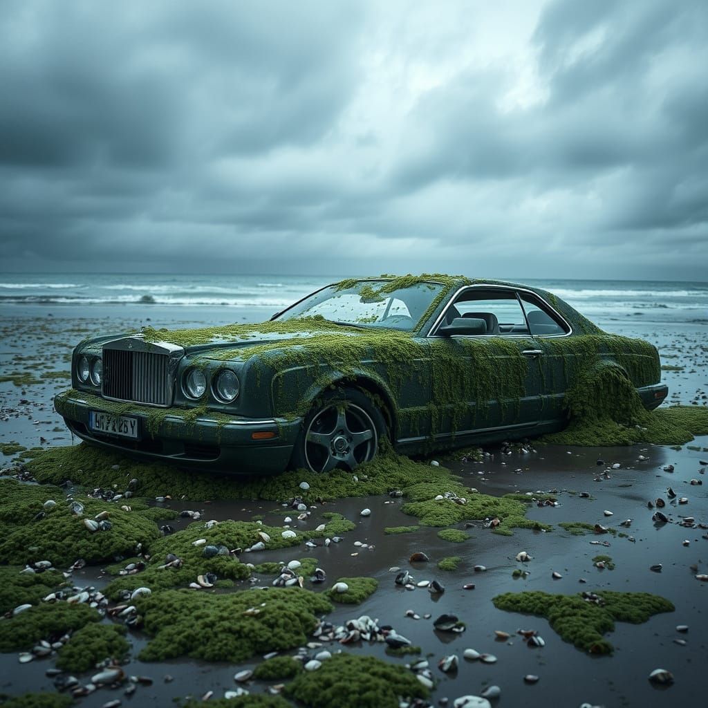Abandoned Luxury Car on Stormy Beach