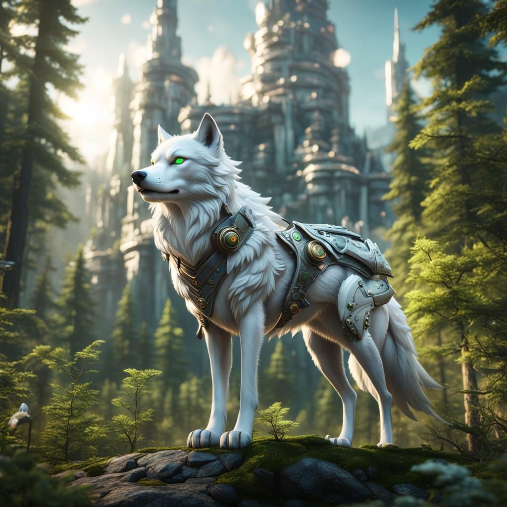 Steampunk Wolf in Forest with Twisted Towers