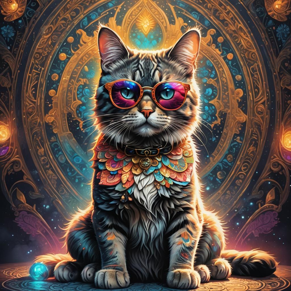 Guru Cat in Mystical Aura: Digital Painting