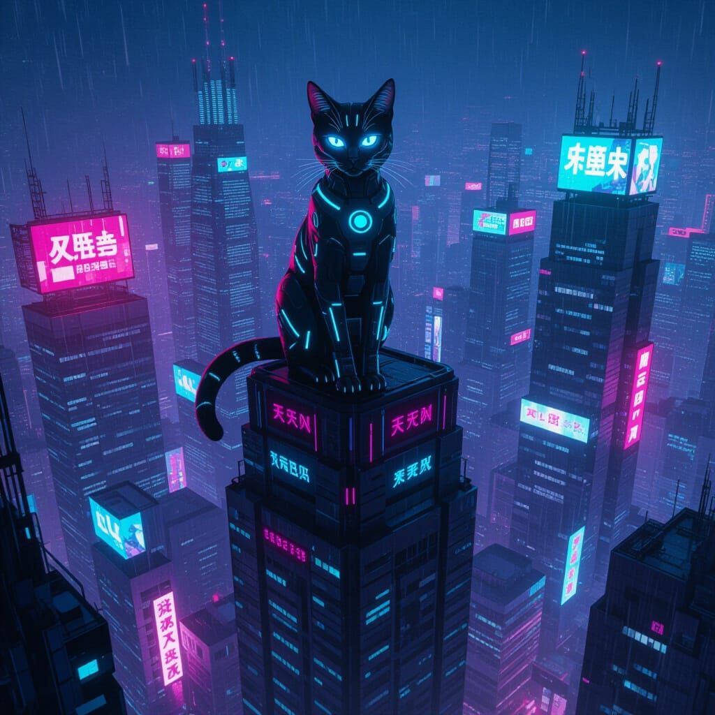 Cyberpunk Cat on Skyscraper