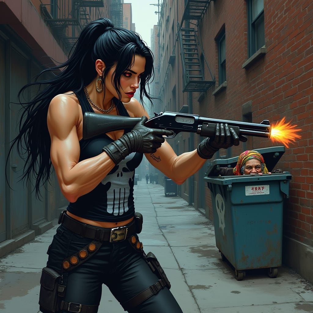 Punisher-Inspired Woman Shooting Shotgun in Alley, Comic Art