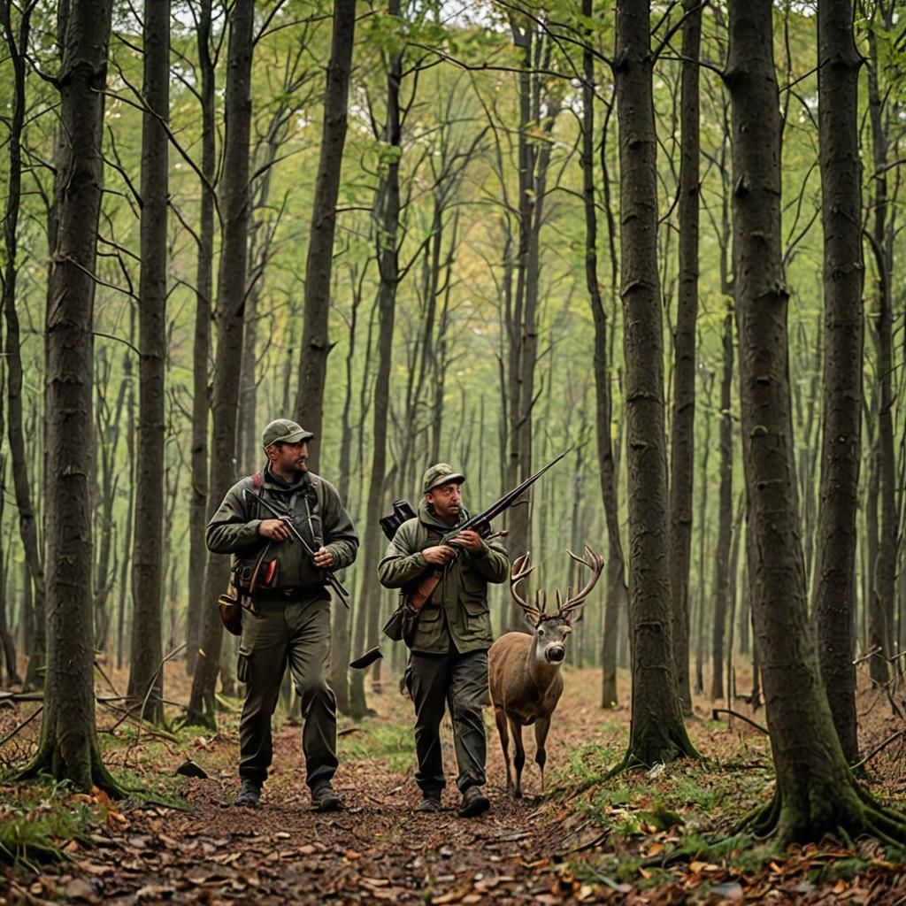 Hunters Tracking Deer in Woodland Scene