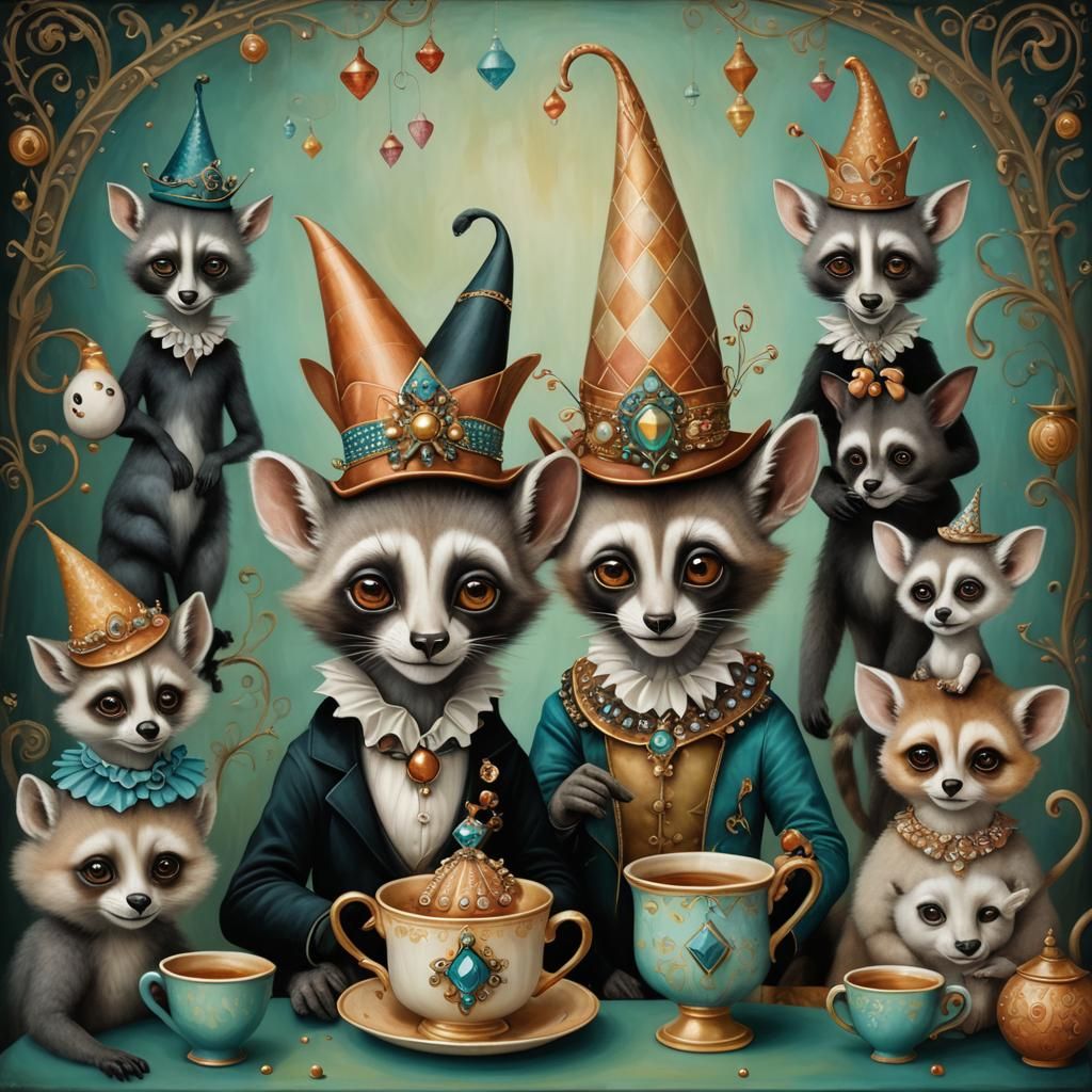 Surreal Harlequin and Lemurs in Teacups