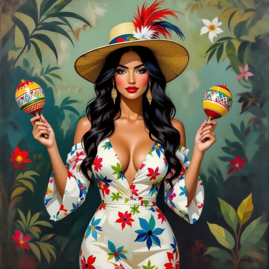 Rumbera with Maracas in Post-Impressionistic Style
