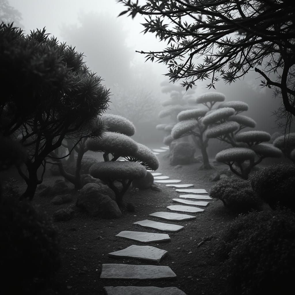 Timeless Japanese Garden in Monochromatic Splendor