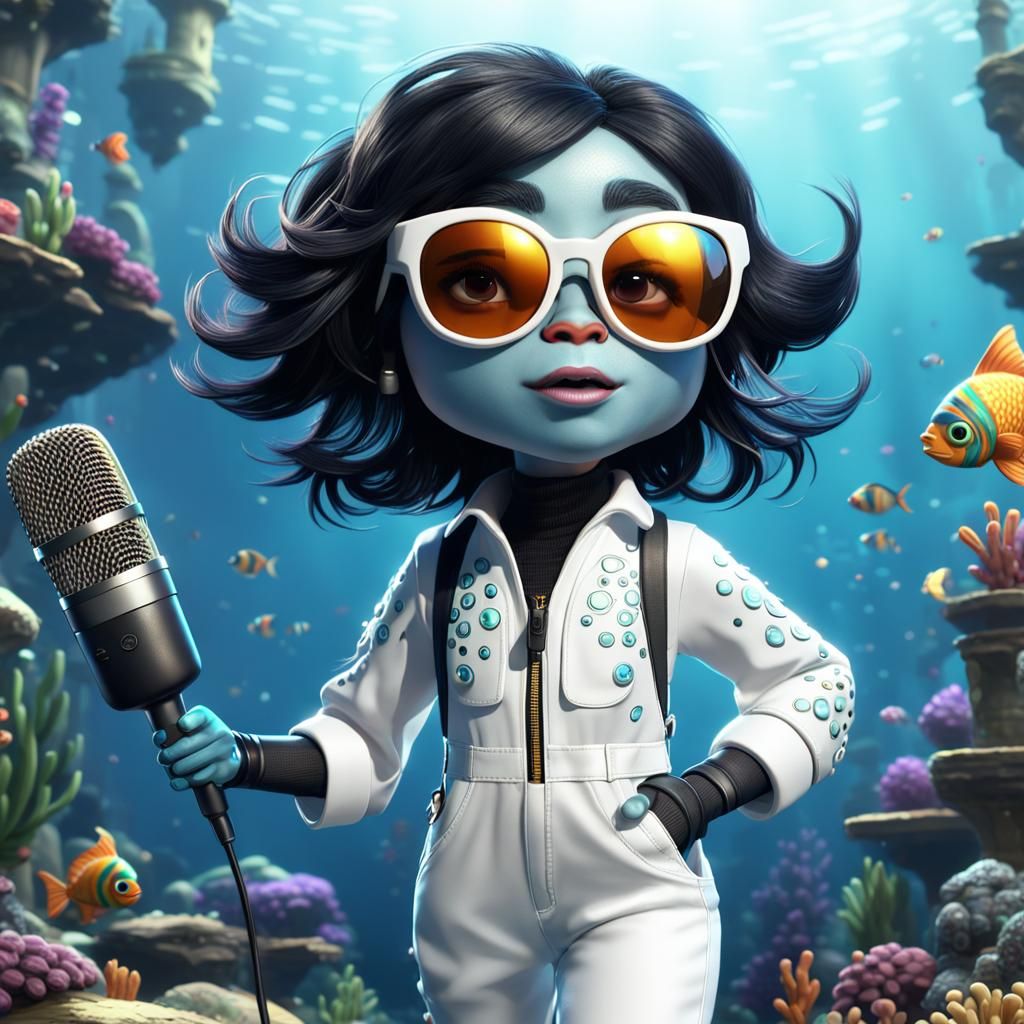 A CGI cartoon fish with black hair and sunglasses and a whit...
