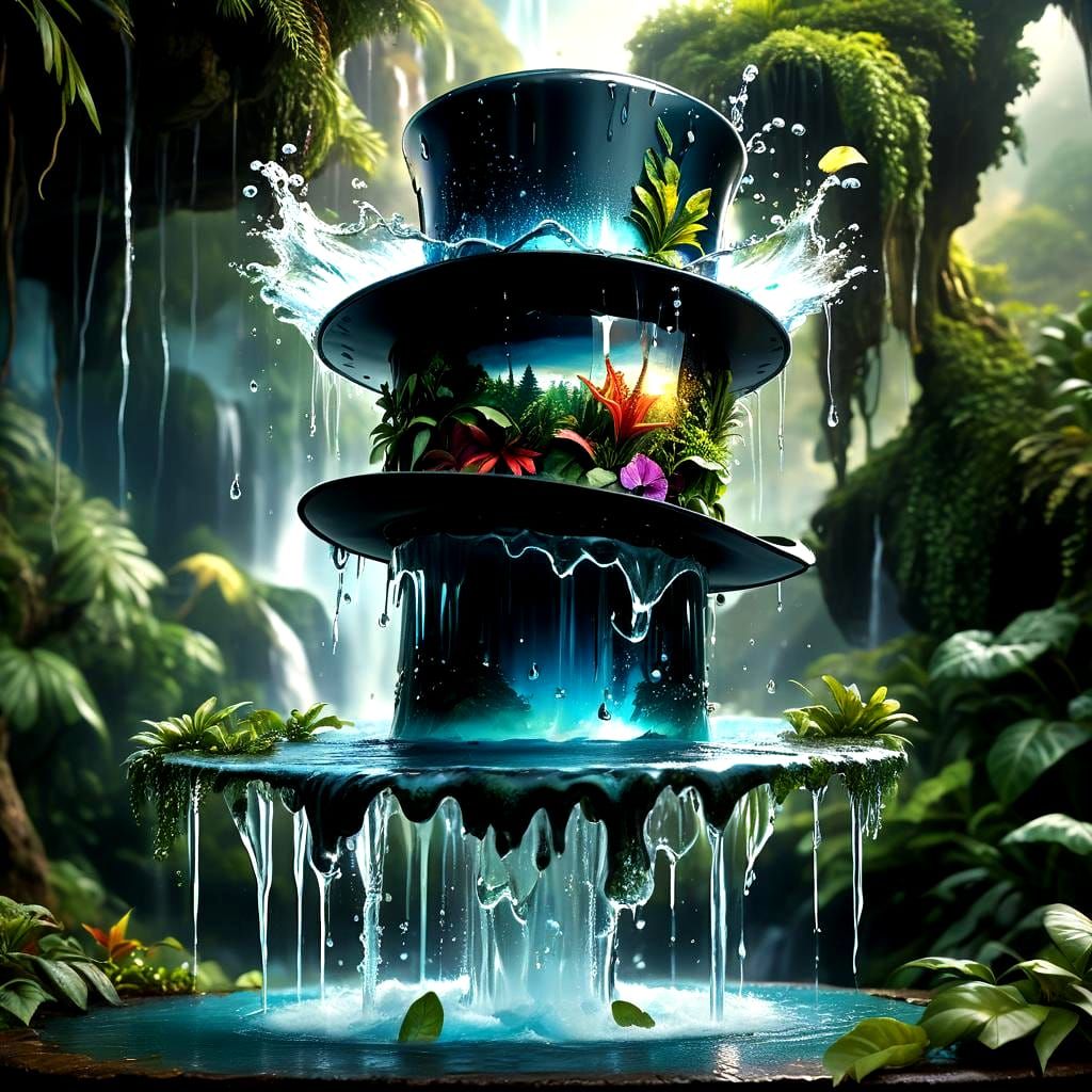 Epic Sunset Hat Fountain with Hyperrealistic Waterfall and O...