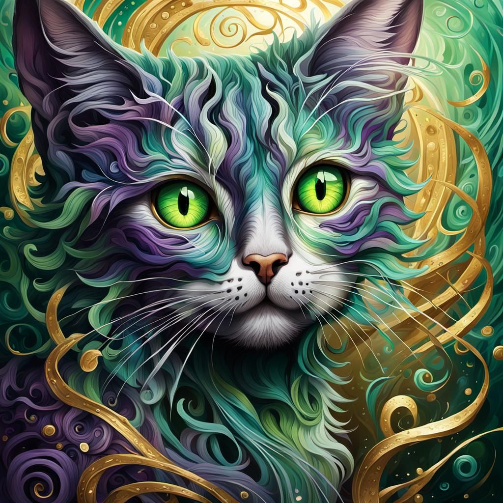 Create a surreal close-up side face of mystical cat with large mesmerizing green eyes glowing with an inner light with i...