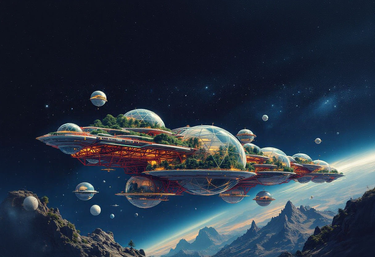 Retro-Futuristic Biosphere Ship in Deep Space
