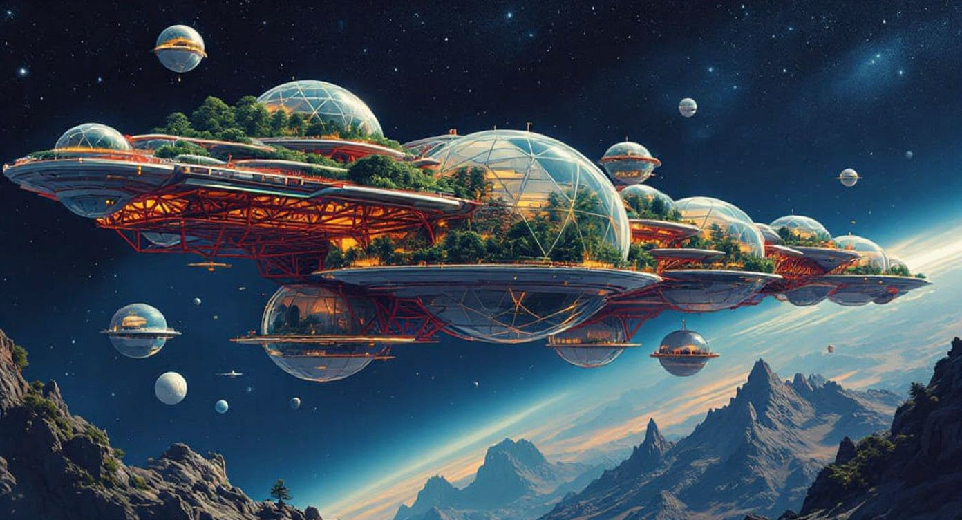 Retro-Futuristic Biosphere Spaceship in Deep Space