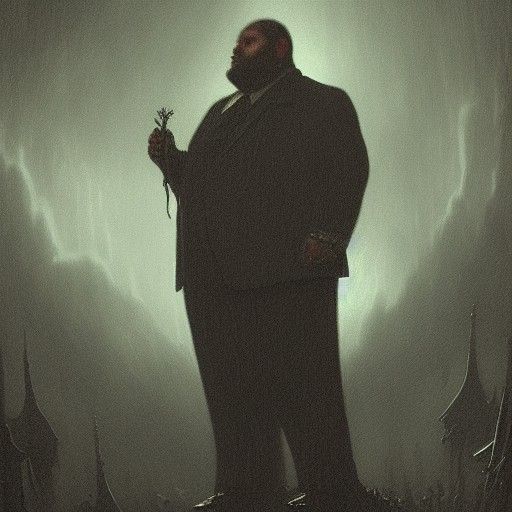 Horrific Portrait of a Toothless Man in Green Suit