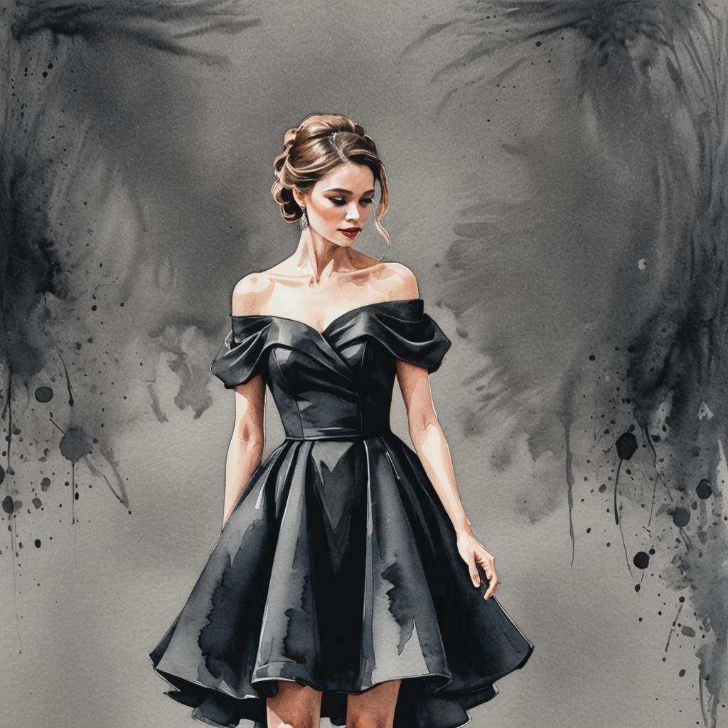 Elegant Black Dress in Watercolour Charcoal Style