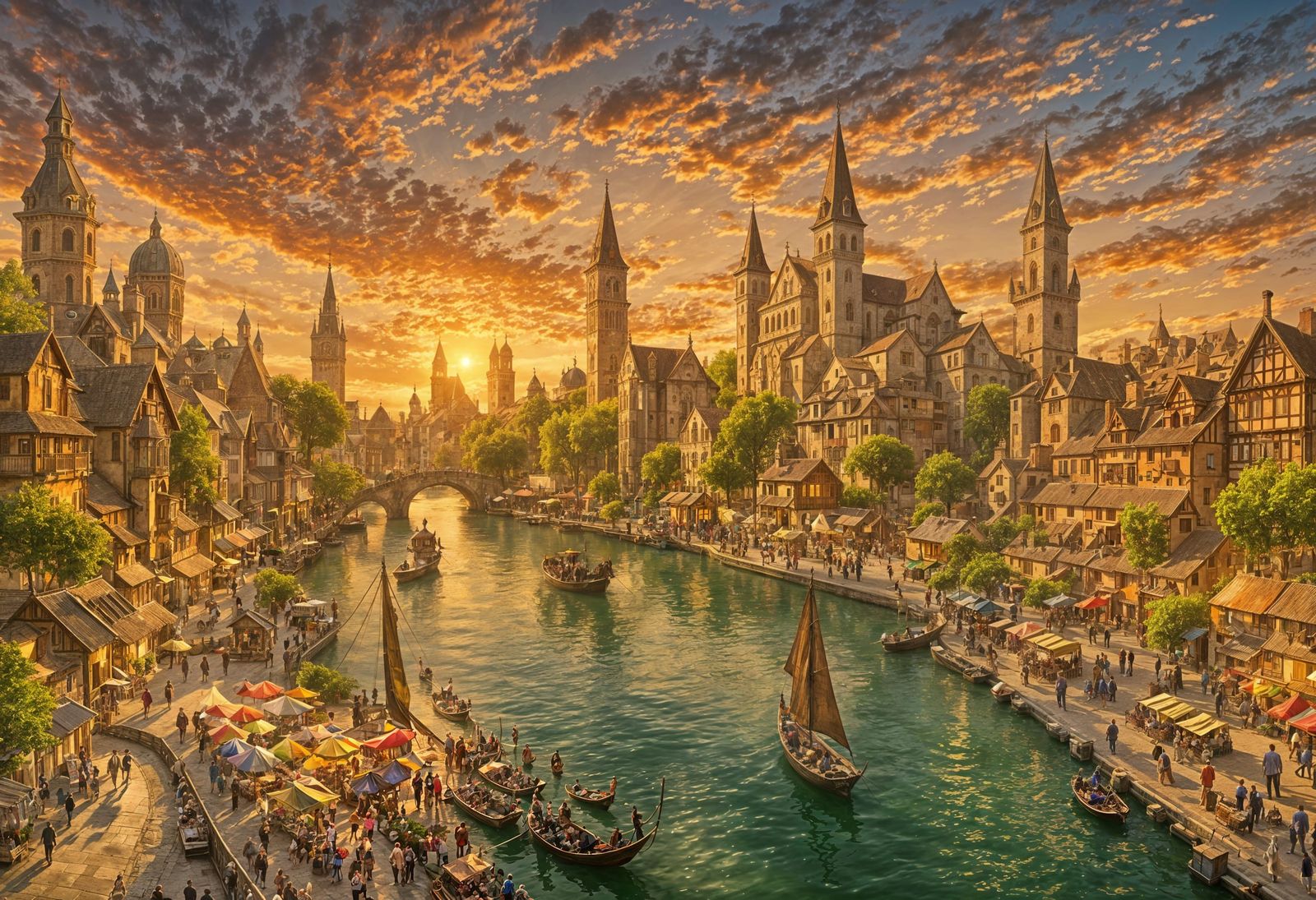 Watercolor Medieval City at Golden Hour