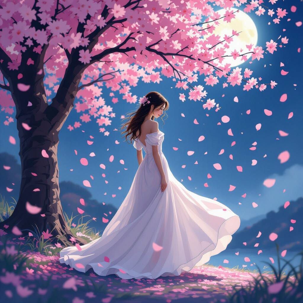 Moonlit Woman Under Cherry Blossoms in Dreamy Style