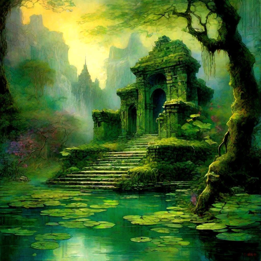 Emerald Jungle Temple Ruins in Illustrative Style