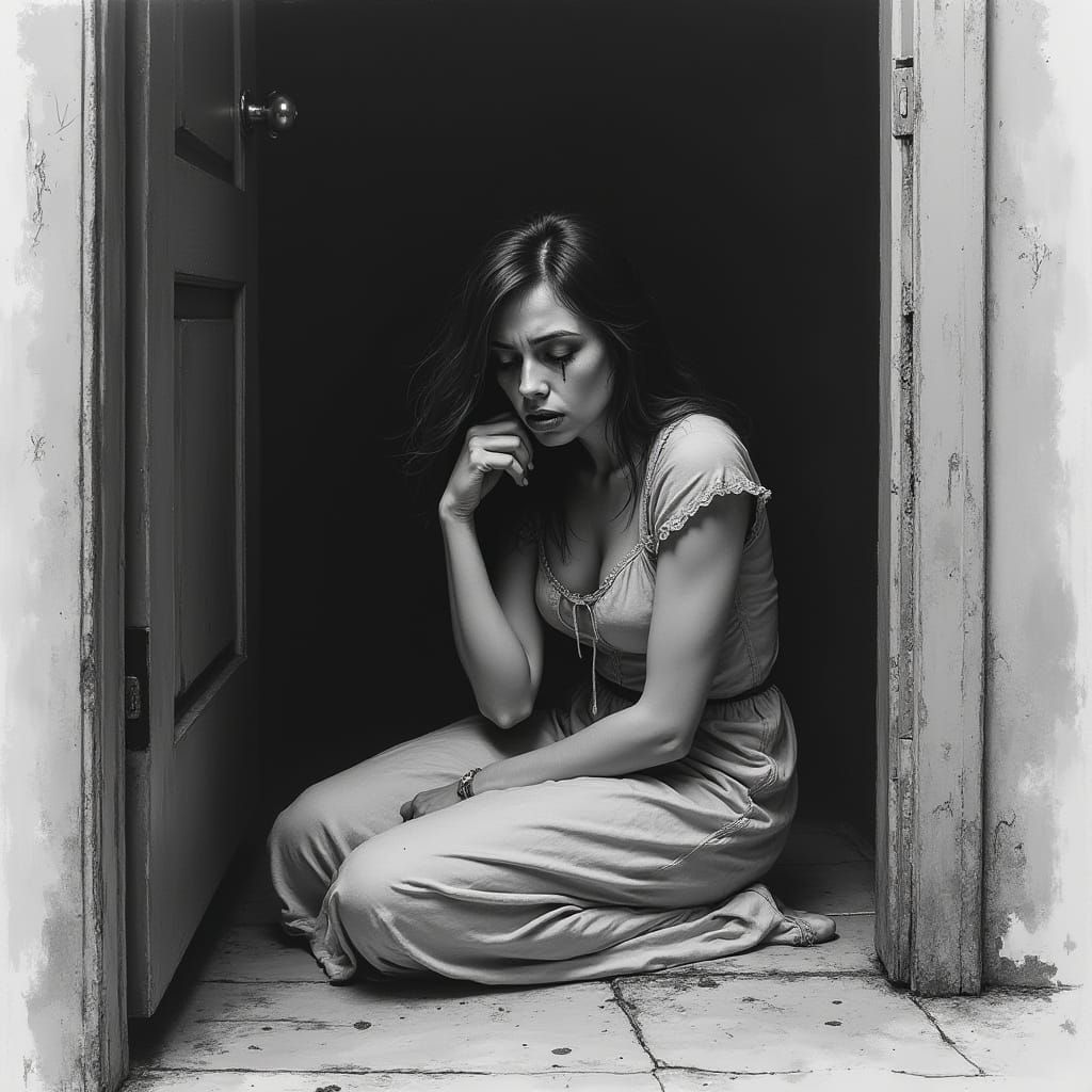 Distressed Woman in Bleak Charcoal Art Style