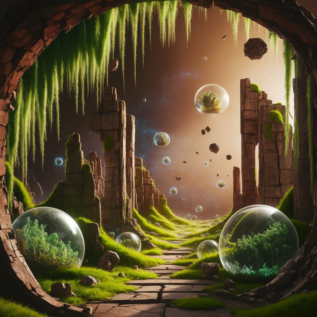 Moss and Vines on Rusty Metal Ruins in Dreamlike Fantasy