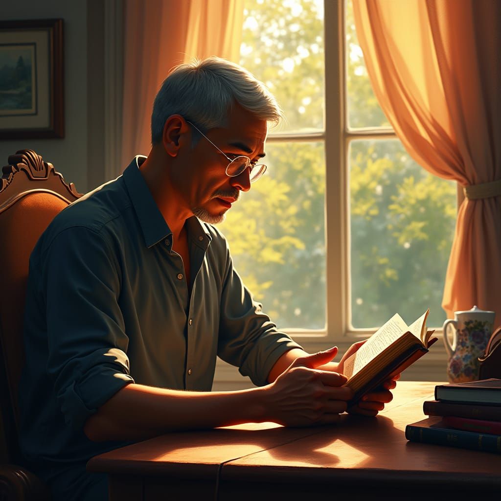 Asian Man Reads Bible: Digital Art Style