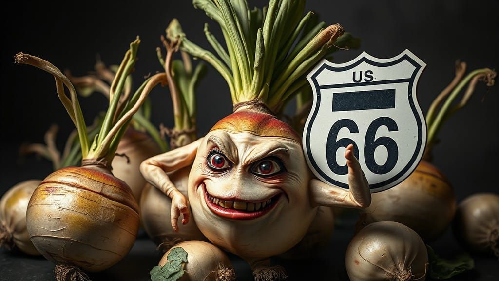 Sinister Turnip Mutant Beside Highway Sign