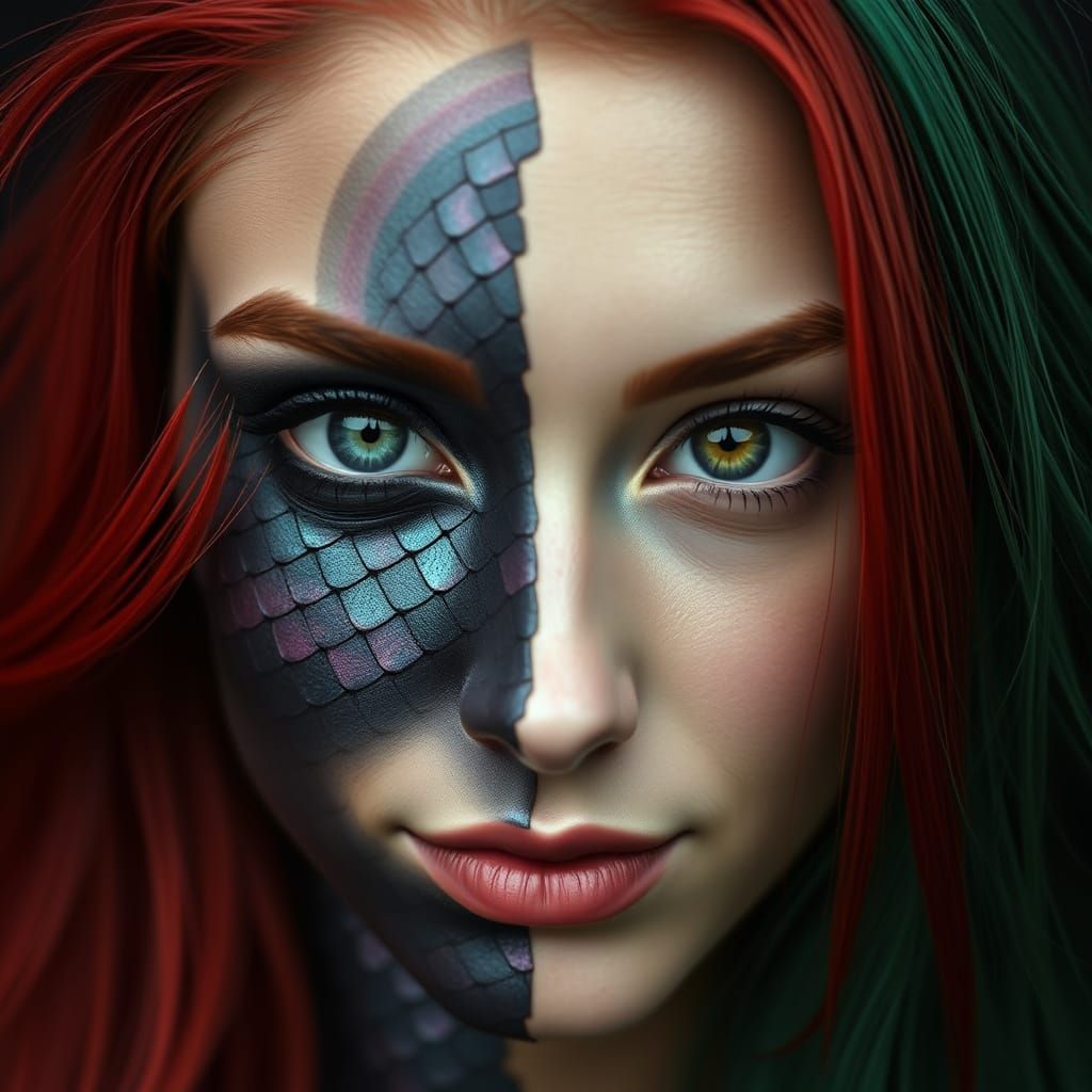 Surrealistic Portrait of a Woman with Multi-Colored Hair and...