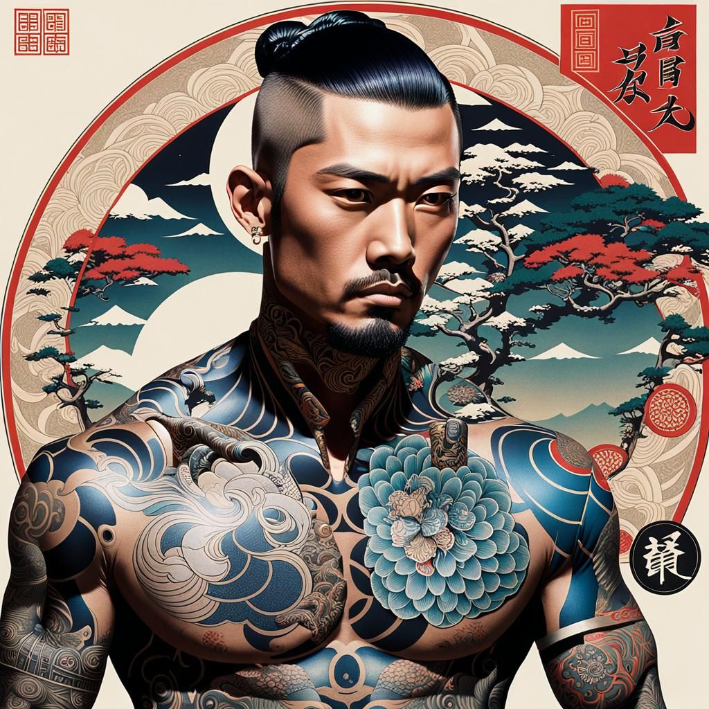 Biopunk Samurai in Ukiyo-e Style with Metallic Physique