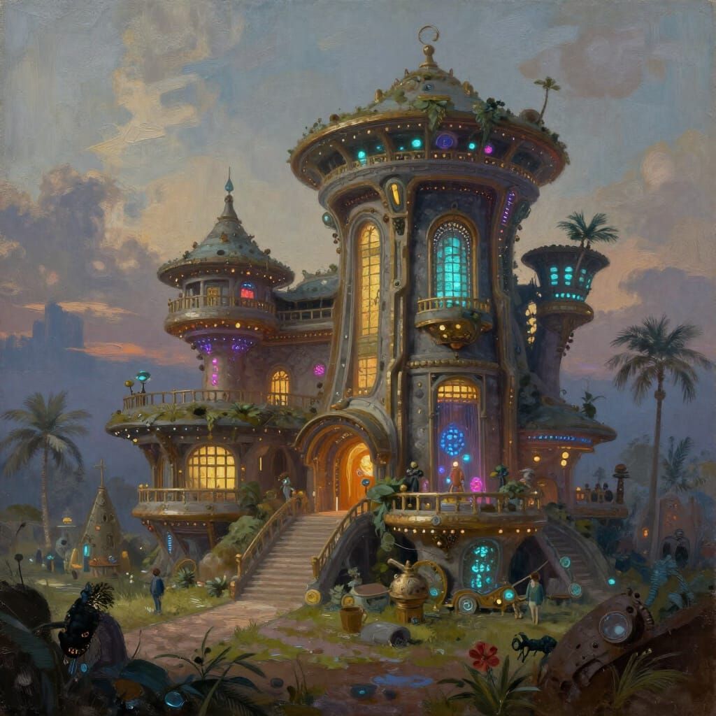 Steampunk Mansion in West African Futuristic Landscape